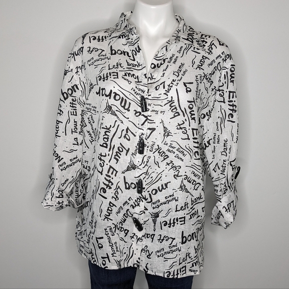 Laura Ashley black white Paris France button up 100% linen shirt L - Picture 1 of 9
